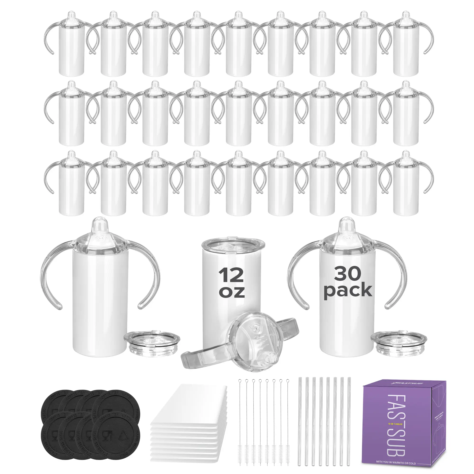 FASTSUB 12 oz Slim Child Sublimation Duo Sippy Water Bottles (30 Pack, 30*Shrink Wrap) - Portable Double-Wall Vacuum Insulated Stainless Steel Flasks with Lid, Handles, Silicone Straw for Tumbler Press, Oven, Printed Use, Drinkware Vacuum Flask