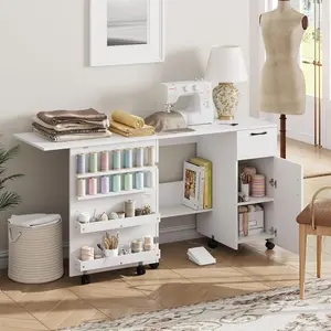 Garvee Folding Sewing Machine Table with Storage Shelves and Sliding Drawer, Rolling Side Desk with Lockable Wheels, Ideal Craft Station for Small Spaces in Bedroom or Home, White Finish