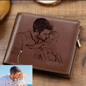 Customized Picture Wallet Men Business Short Ultra-Thin Fashion Bi-Fold DIY Personality Photo Carved Text Purse Anniversary Gift Brown Leather