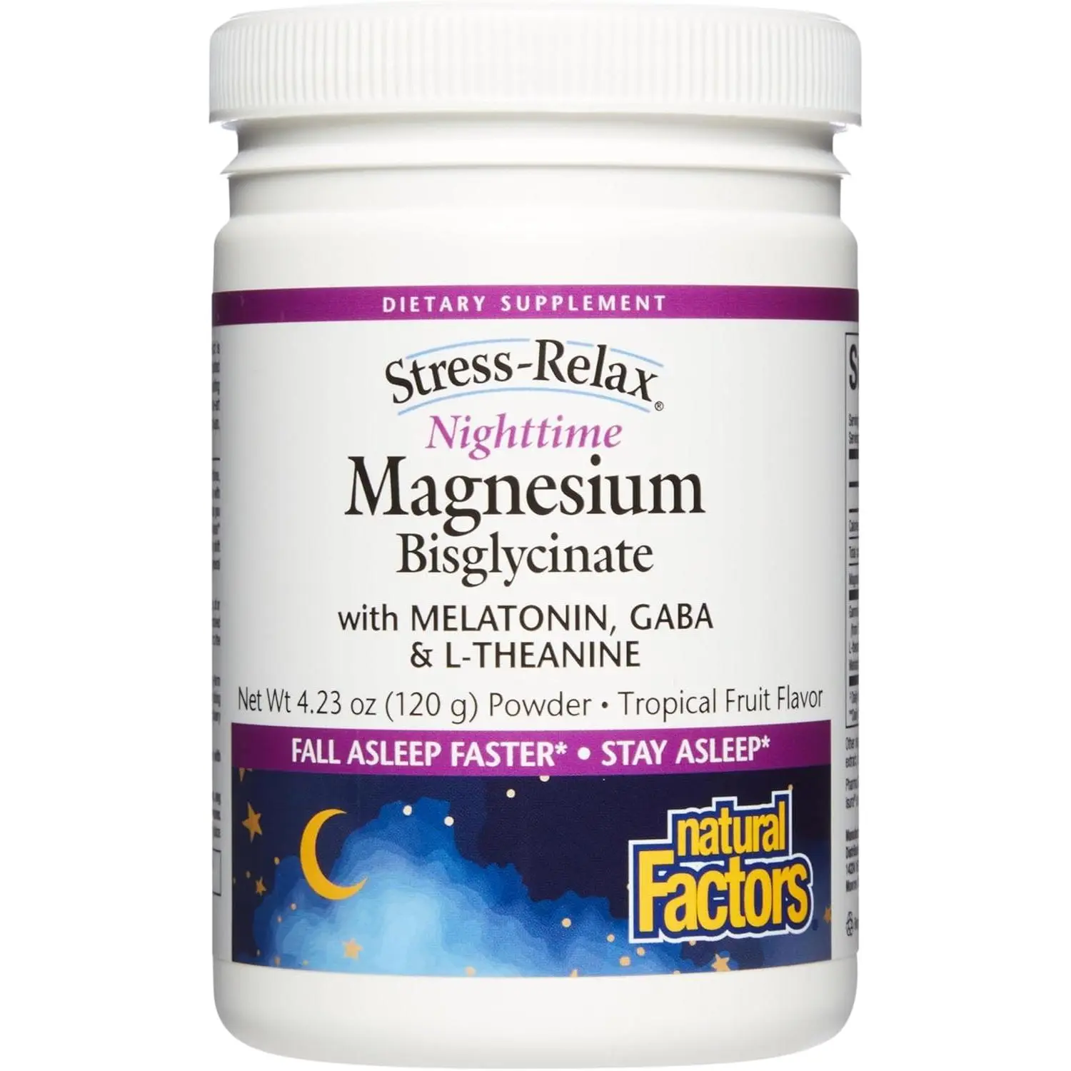 Natural Factors Stress-Relax Nighttime Magnesium Bisglycinate Dietary Sleep Aid Powder Supplement - with Melatonin, L-Theanine, GABA - Tropical Flavor - 4.23 oz
