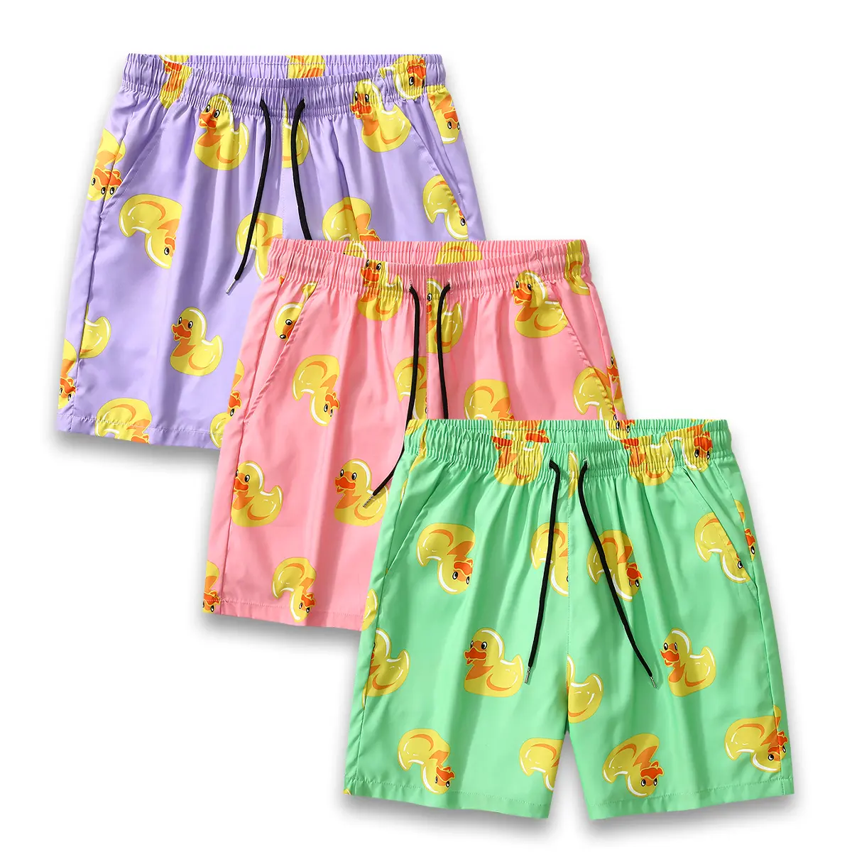 Men's 3-Pack Lightweight Duck Graphic Elastic Waist Pullstring Shorts, Comfy Beachy Bottoms, Ideal for Casual Summer Wear & Beach Vacations, Graphic Waist Shorts, Comfy Men's Shorts