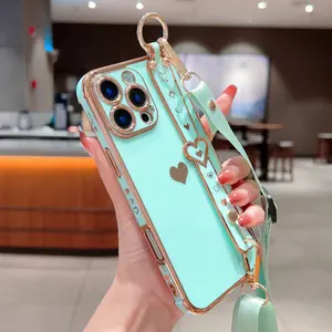 Electroplated Solid Heart Phone Case with Lanyard and Wrist Strap, Portable for iPhone 11 12 13 14 15 16 17 Pro Plus Pro Max, Ideal for Daily Use and Travel