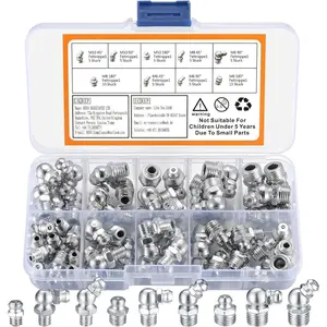 Metric  Fittings Kit, 60 count Hydraulic  Zerk Assortment Kit, 45 90 Degree   Fittings, M6 M8 M10 Straight and Angled  Zerk Kit for   Mechanical Lubrication