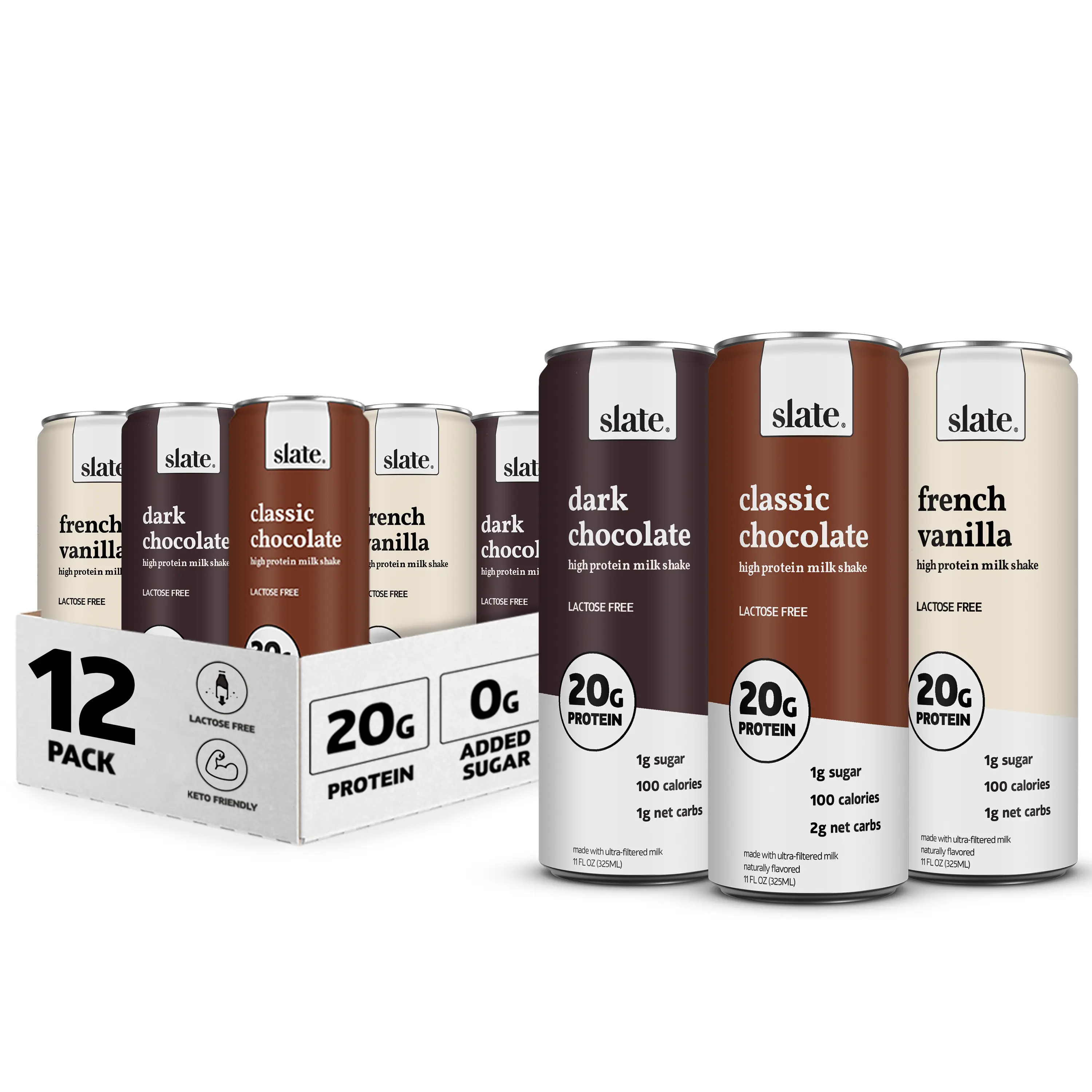 Slate Milk - High Protein Milk Shake - Core Variety Pack - Classic Chocolate, Dark Chocolate, French Vanilla - Lactose Free, 20g Protein, 1g Sugar, 100 Calories, 1-2g Net Carbs - 11 fl oz, 12 Cans