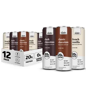 Slate Milk - High Protein Milk Shake - Core Variety Pack - Classic Chocolate, Dark Chocolate, French Vanilla - Lactose Free, 20g Protein, 1g Sugar, 100 Calories, 1-2g Net Carbs - 11 fl oz, 12 Cans