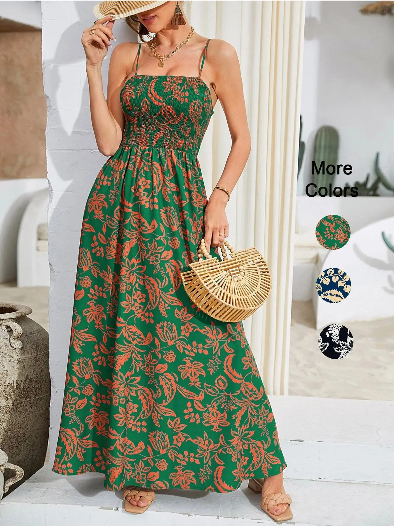 Women's Floral Print Shirred Waist Maxi Dress, Sleeveless Backless Design, Adjustable Strap, Casual Vacation Wear, Bohemian, Spring Summer