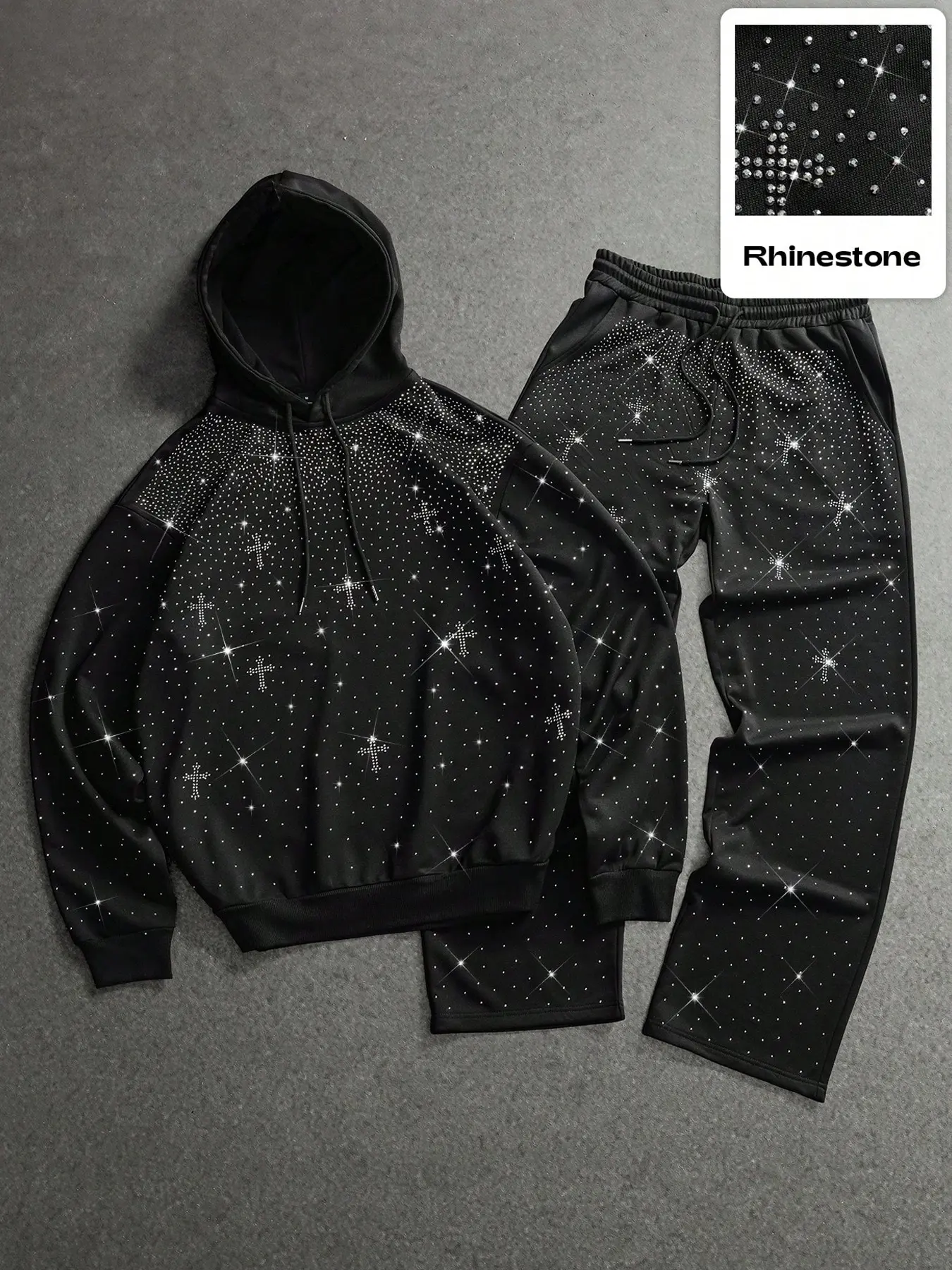 Men's Rhinestone Hoodie Pullover and Pants Set Outfit, Hooded Sweatshirt Set, Star Cross Print, Fitted, Drawstring Hood, Straight Leg, High Street Trendy, Party Night, Casual, Long Sleeve