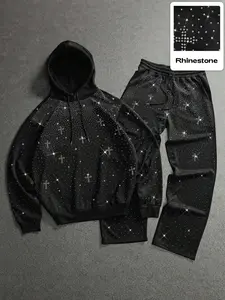 Men's Rhinestone Hoodie and Pants Set, Star Cross Print, Fitted, Drawstring Hood, Straight Leg, High Street Trendy, Party Night
