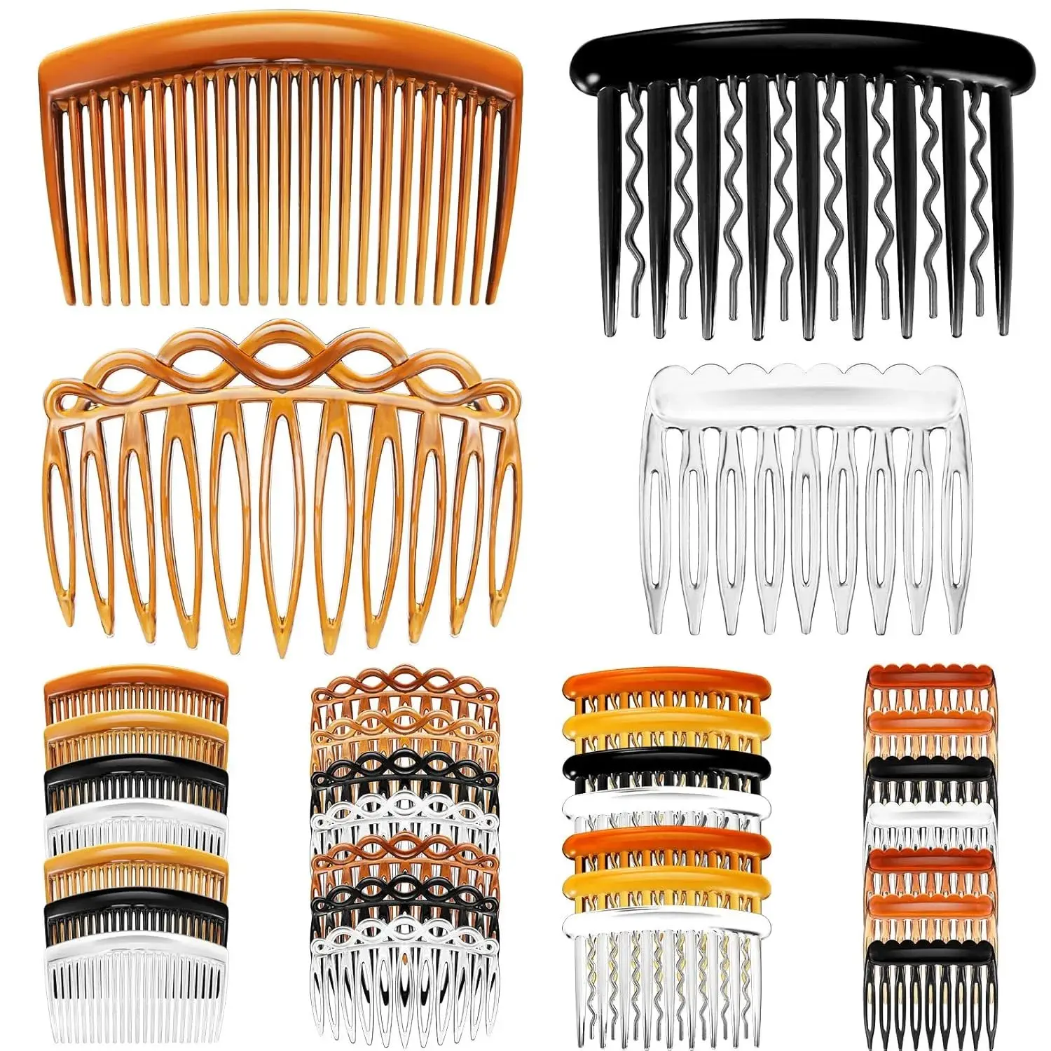 Women's 32-Piece Plastic French Side Hair Combs Set - Curved Shape, 4 Sizes (9/11/17/23 Teeth), 4 Colors, Lightweight Female Hairdressing Twist Combs with Clips, Exquisite Workmanship, Everyday Use, Bridal Wedding Veil Accessory