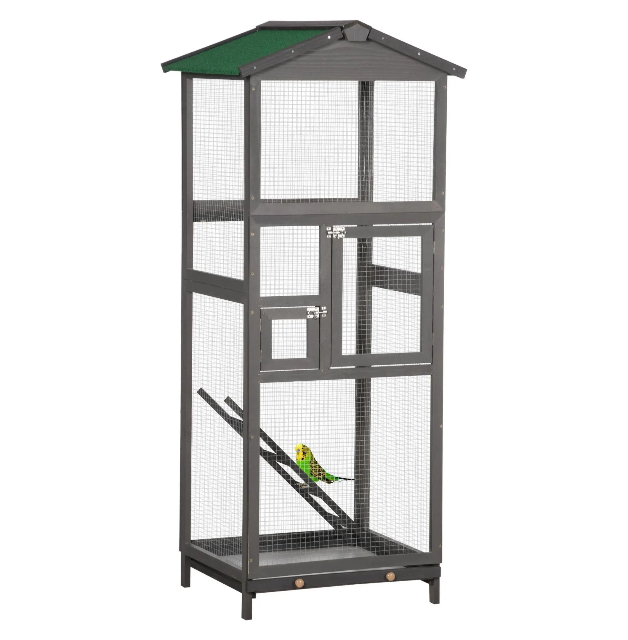 Fir Wood Outdoor Finch Cage, 65" Tall Wooden Aviary - 2-Door Bird Cage with Tray, Grey Finish for Finches & Small Birds, Easy Access