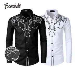 Unisex Western Cowboy Embroidery Long Sleeve Cotton Shirt Casual Shirt Button-down Shirt