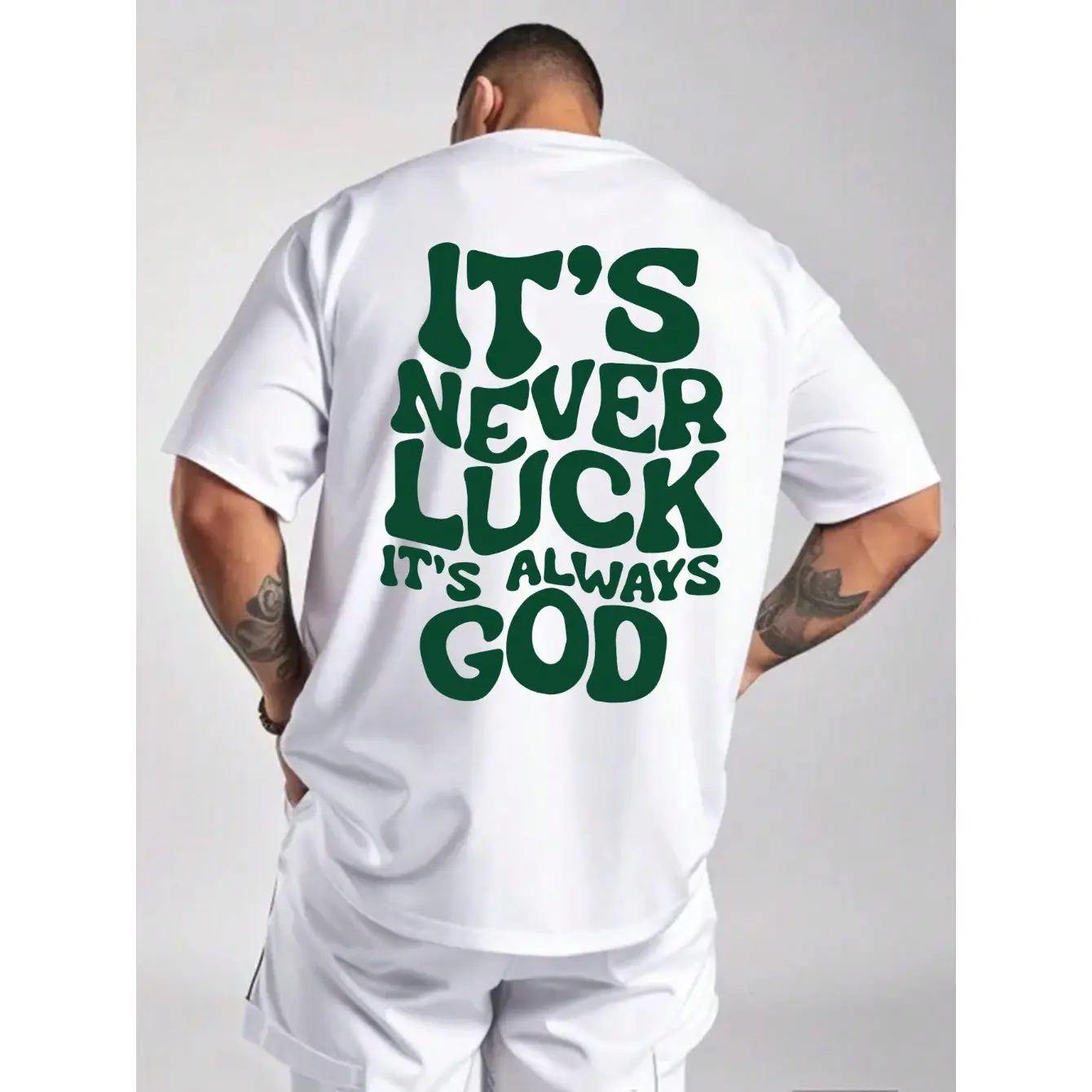 Men's Classic Customized "It's Never Luck It's Always God" Graphic Text Tshirt - 100% Cotton Shortsleeve Round Neck Regular Fit Menswear Top, Soft Breathable Fabric, Durable Print, Machine Washable, All Seasons Casual Outdoor Wear, Garment