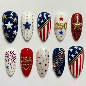 Handmade Patriotic USA 4th of July Press On Nails | 3D Stars, Fireworks, Rhinestones & Stripes | Almond Nails for Festive Vibe