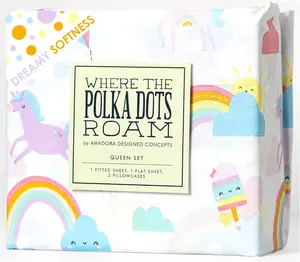 Where the Polka Dots Roam Rainbows & Unicorns Bed Sheets Set — Ultra-Soft Durable Microfiber Bedding with Colorful Rainbow & Magical Unicorn Print, Wrinkle-Resistant & Machine-Washable — Perfect for Girls’ Bedroom Décor