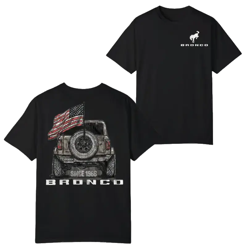 FORD BRONCO T-Shirt – Off-Road SUV Tee Featuring Left Chest Logo & American Flag Since 1966 Rear View Back Graphic, Retro 4x4 Design Novelty Gift for Bronco Owners & Classic Car Enthusiasts, Menswear Medium Men's