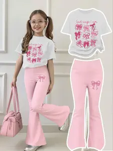 Girls' 4-12 Years Bow Sweet Cool Bell Bottoms Set, Round Neck Short Sleeve & Bell Pants, Casual Style Fashion Clothes Set Fine Girls Outfit