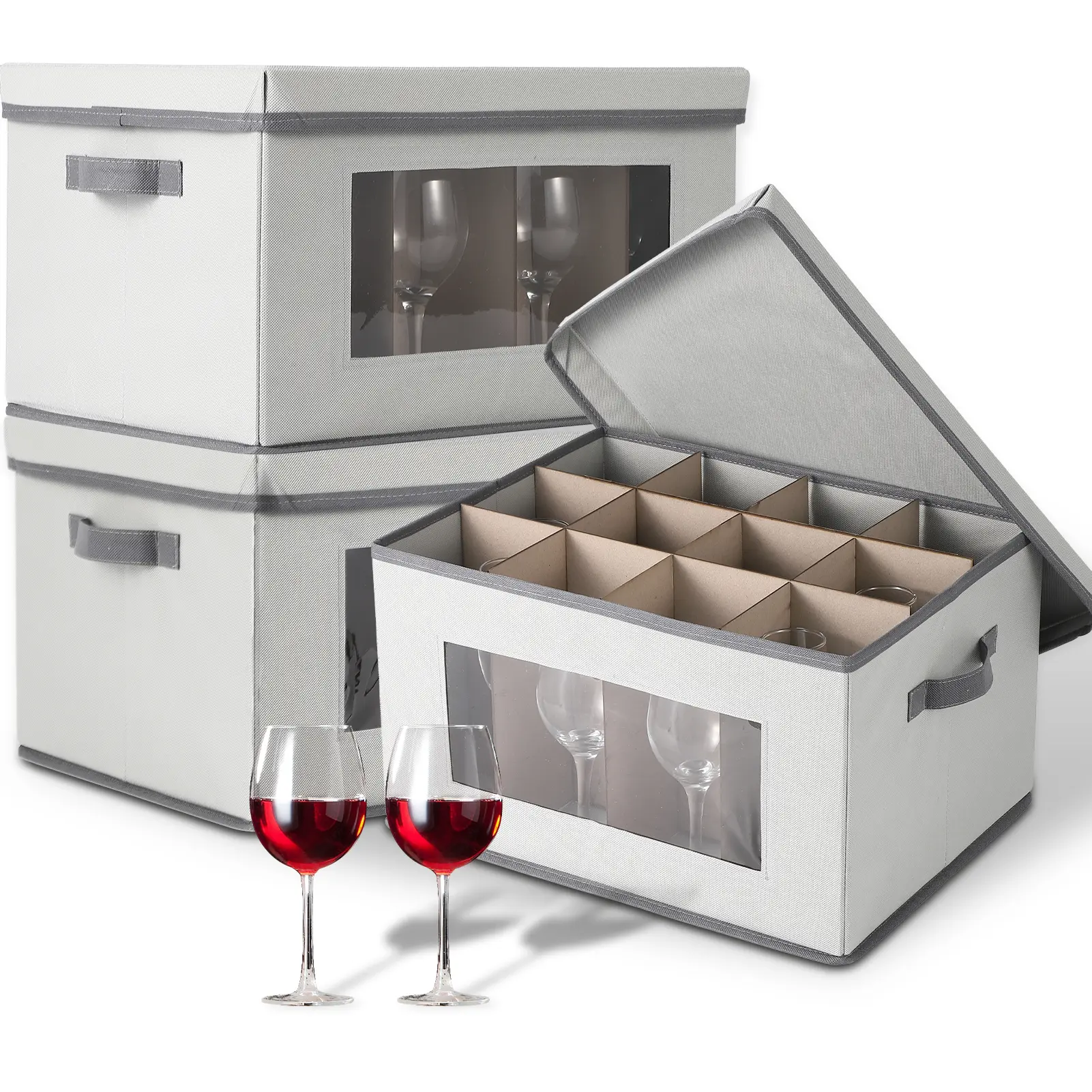 3 Pack Wine Glass Storage Boxes with Dividers, 12-Compartment Stemware Organizers with Lid, Handle & Clear Window, China Storage Containers for Glassware, Wine Glasses, Drinkware, Grey