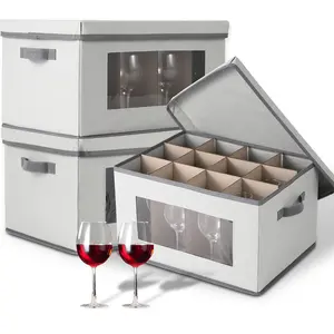 3 Pack Wine Glass Storage Boxes with Dividers, 12-Compartment Stemware Organizers with Lid, Handle & Clear Window, China Storage Containers for Glassware, Wine Glasses, Drinkware, Grey