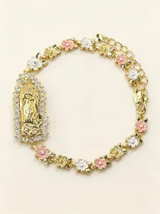 Elegant Mexican Guadalupe Mary Religious Vintage Bracelet, Floral Chain Design, Unisex Jewelry, Birthday Party, Halloween, Easter, Church Prayer, Floral Charm Bracelets, Flower Design Bracelet