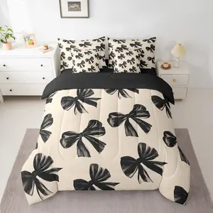 Feelyou 7-Piece Ultra Soft Microfiber Bow Bedding Set in a Bag - Soft, Decorative Watercolor Bowknot Comforter, Black Bow Tie Accents, Black White Sheets for Teen Adults, Room Decor, Soft Bedding Sets