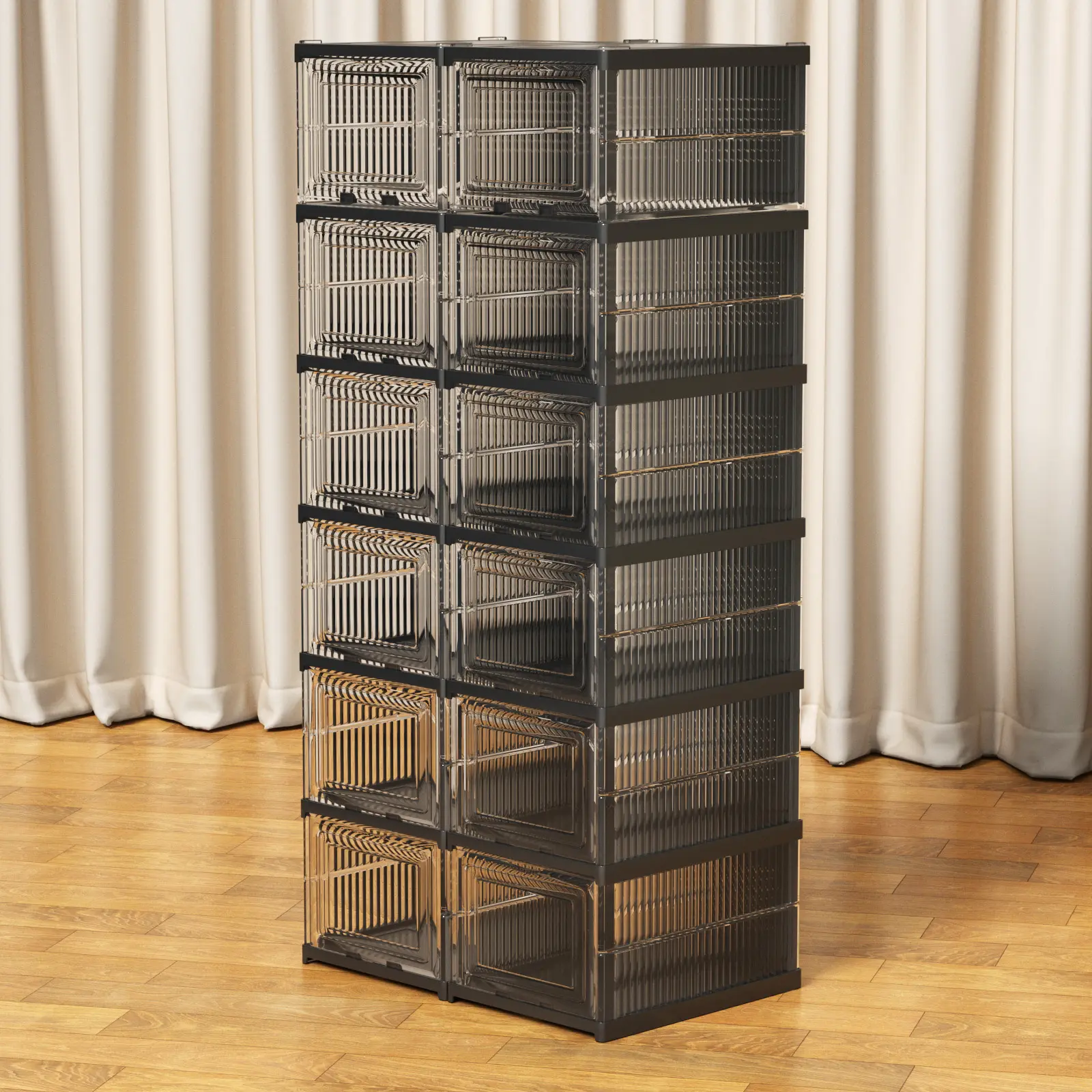 6-Tier Rectangular Durable Acrylic Plastic Drop Front Shoe Storage Box, Stackable Organizer for Closet, Entryway