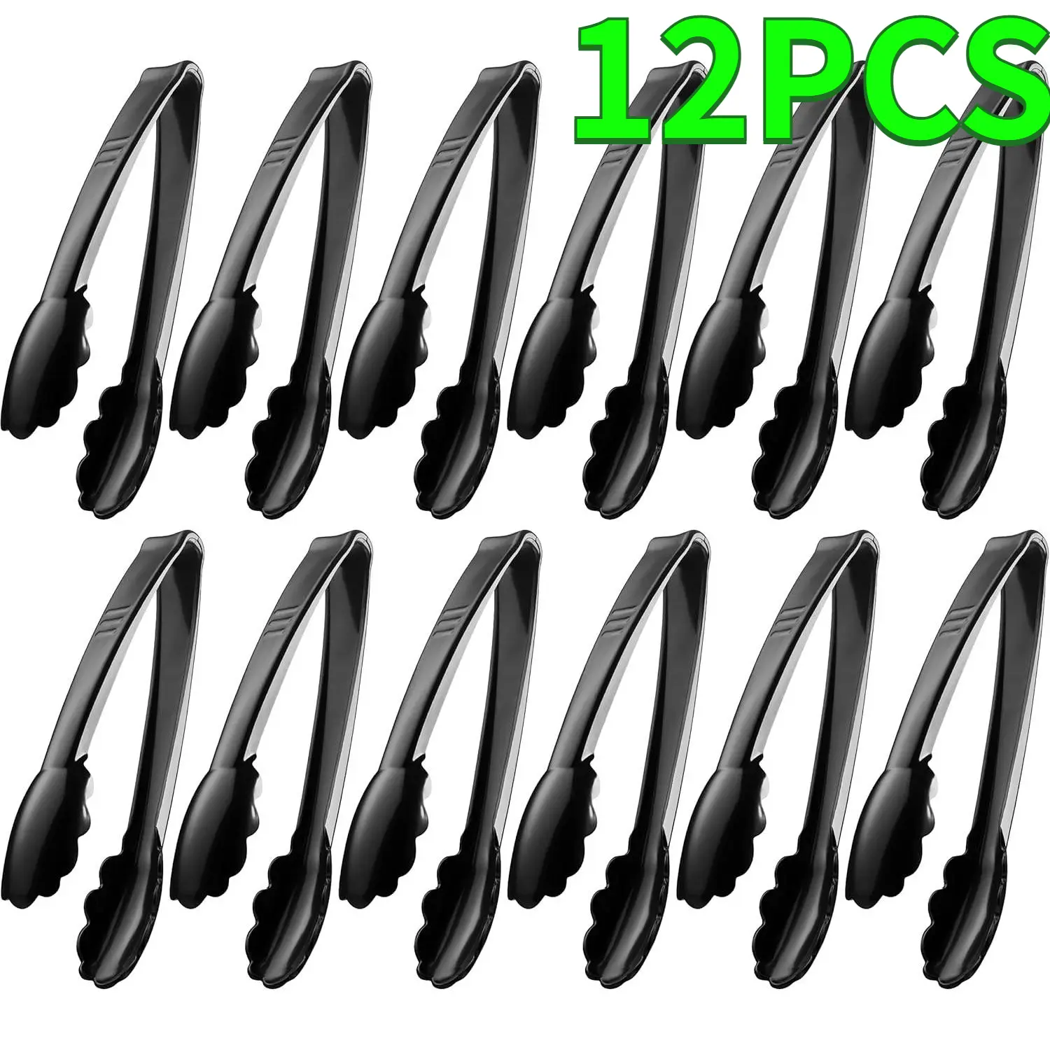 12PCS 9in Long Shape Heavy-Duty Food Grade BPA-Free Plastic Cooking Tongs Set Pack - Reusable Sturdy Serving Utensils for BBQs, Restaurants, Weddings (Black) - Ideal for Kitchen Fixtures, Home Improvement