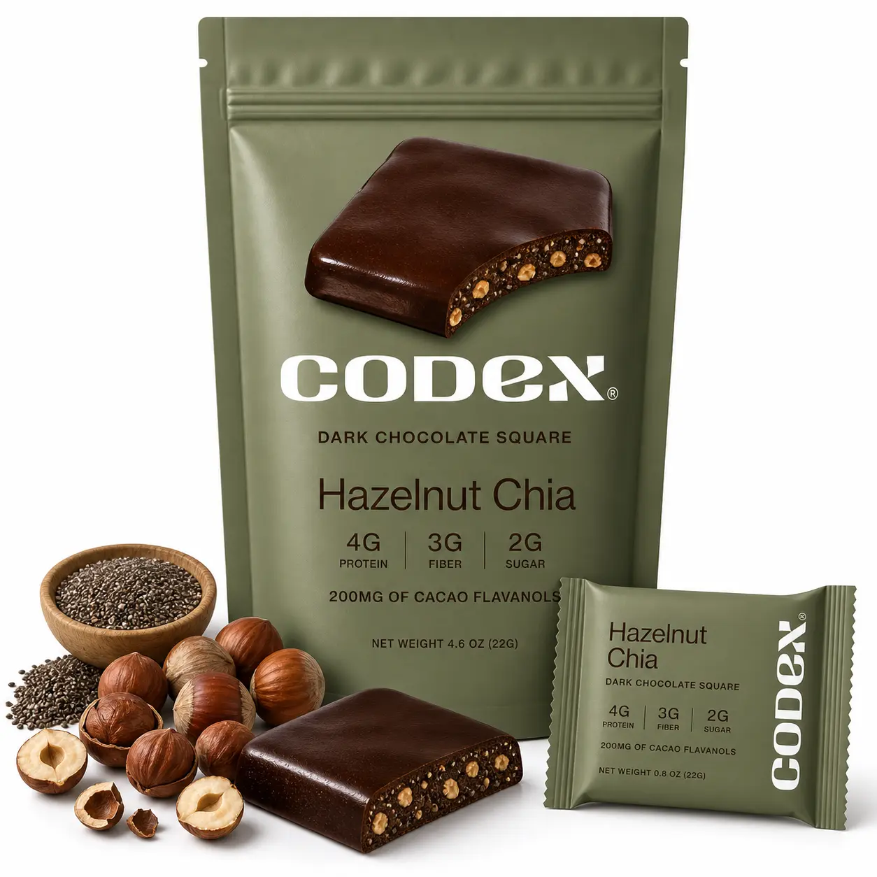 CODEX Hazelnut Chia Squares - Organic Dark Chocolate Snacks with Roasted Hazelnuts & Crunchy Chia Seeds - 74% Organic Dark Chocolate - 4g Protein 3g Fiber 2g Sugar