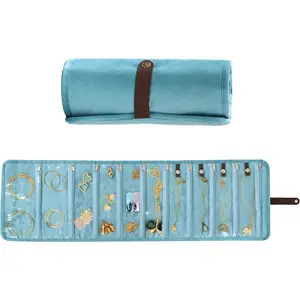 Portable Foldable Travel Jewelry Roll Bag - Jewelry Storage Organizer Case with Zippered Pockets for Journey Rings Necklaces Earrings Bracelets (Mint blue)