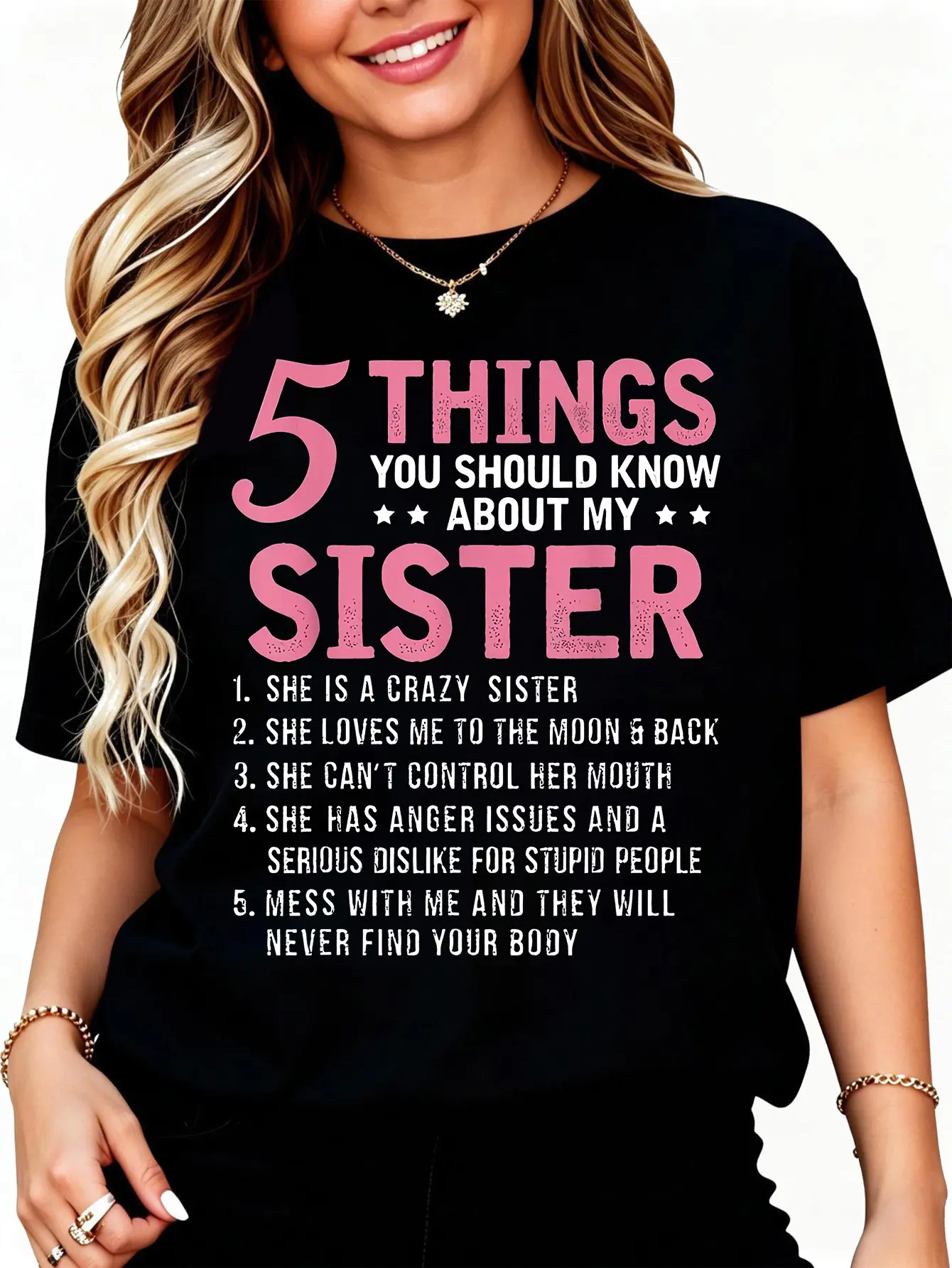 Cotton Women's Funny "5 Things About My Sister" Humor Tee - Black with Pink Lettering Short Sleeve Shirt | Slim Fit Round Neck Top for Sisters Gift, Spring Summer Casual Wear & Funny Sister Apparel