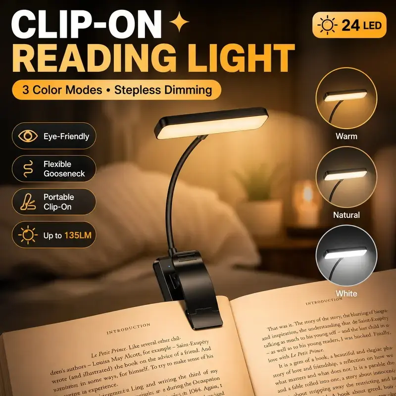 24 LED Rechargeable Book Light for Reading in Bed, Eye Caring Clip On Reading Lamp with Memory Function, 3 Color Temperatures Stepless Dimming Brightness, 80H Runtime Lightweight Night Light for Book Lovers Bedroom Travel