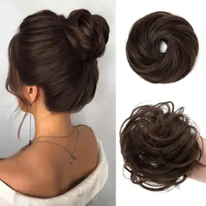 2PCs Small Cute Messy Bun Hair Piece for Thin Hair Women Mini Synthetic Curly Bun Scrunchies Updo Hairpieces Dark Chocolate