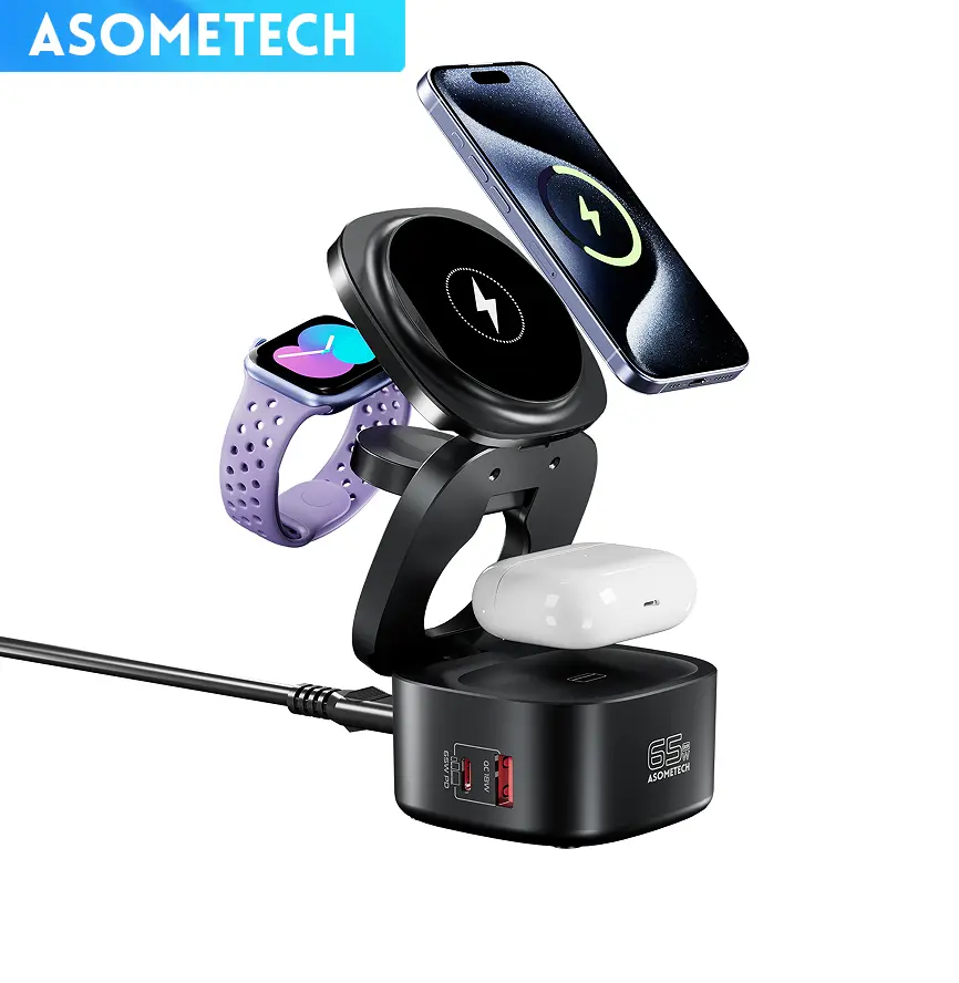 ASOMETECH 5-IN-1 Magnetic Wireless Charging Stand With 65W USB C Fast Charging Port For Macbook,Laptops,Tablet,iPhone 17/16/15/14/13/12,Foldable Travel Wireless Charging Station For Apple Watch, AirPods,  Cellphone,Folding,Black Rechargeable Device summer