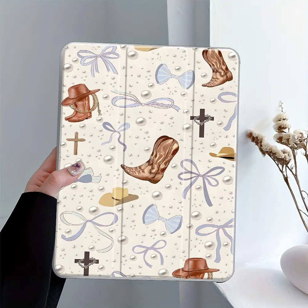 Retro Pearl Denim Design iPad Case, Tablet Cover, Transparent Acrylic Hard Back Panel With Pencil Slot, Suitable for Ipad mini pro air, Scratch-resistant Ultra-thin Protective Case Suitable for Offices Schools Homes