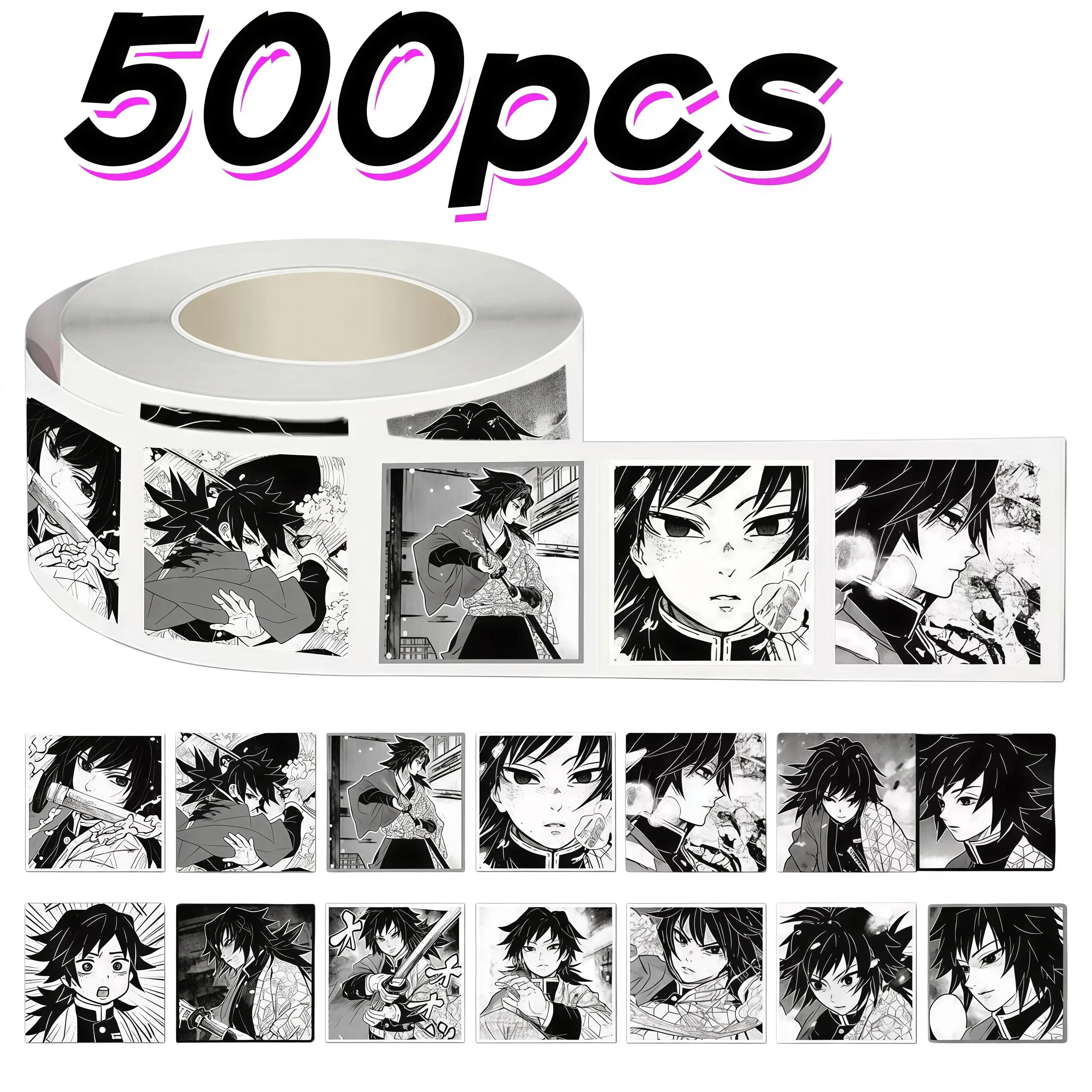 Tomioka Giyu Character-Based Manga Art Stickers Roll - 500pcs Black & White Comic Panels, Decorative Seal Decals for Comic Fans, DIY & Gifts (Toys & Hobbies Specialty DIY Supplies)