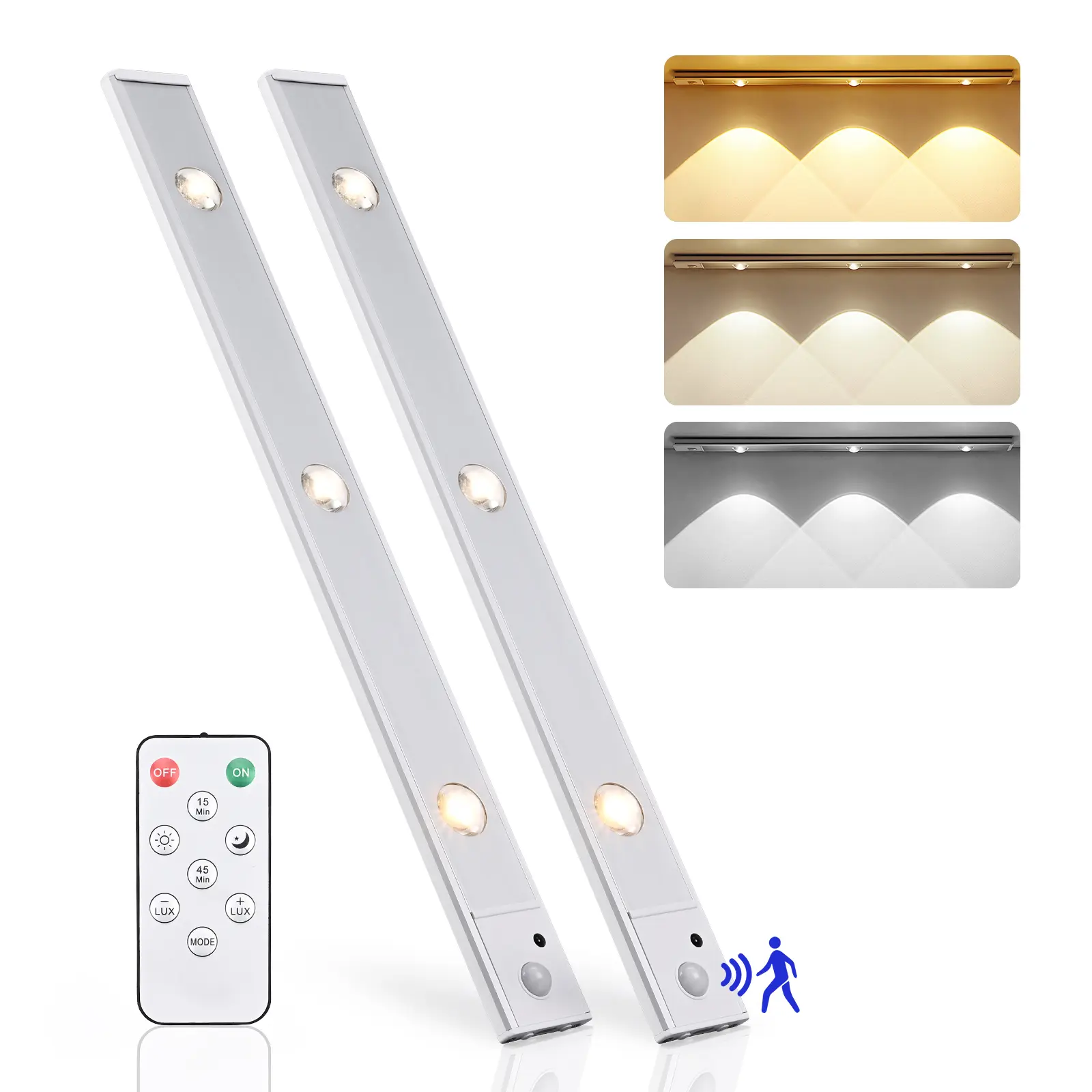LEDDOTEC Smart Motion Sensor Under Cabinet Lights (2-Piece), Wireless Magnetic Installation, Large Rechargeable Batteries, 3 Color Modes, Wireless Remote Control, Adjustable Aluminium Indoor Use Lights with Auto Shut-Off for Display Cabinets