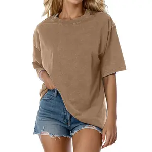 Holafish Acid Wash Unisex 100% Cotton T-Shirt Crew Neck Half Short Sleeve Summer Top Casual Loose Fit Solid Streetwear Comfortable Tees Basic Womenswear Shortsleeve Tshirt