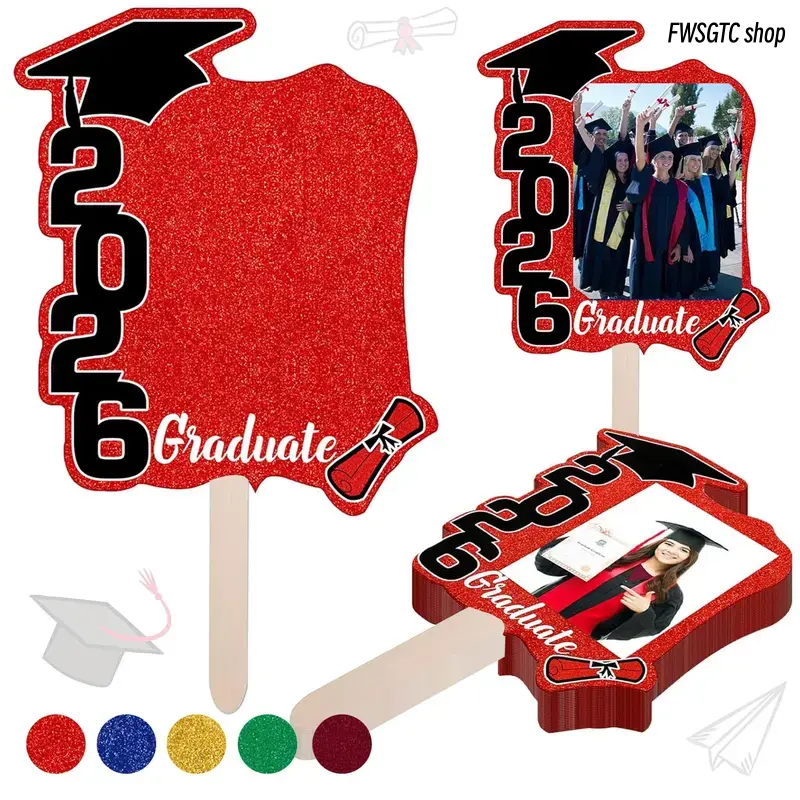 12 Pcs Class of 2026 handheld graduation fans with comfortable handles. Double-sided design works well as practical photo props. Lovely keepsake gifts and exquisite decorative supplies for graduation parties.