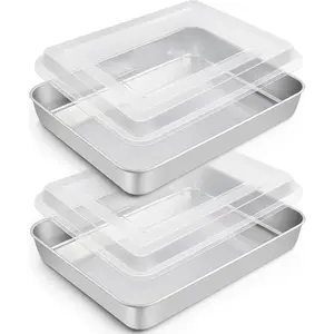 Rectangular Cake Pans with , 10.5'' x 8'' x 2'' Stainless Steel Lasagna Brownie Pan For Baking Roasting,  & Solid, Brushed Surface & Dishwasher Safe, (2 Pans+2 )