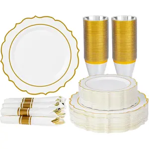 350PCS White, Gold Dinnerware Sets for 50 Guests, Include 100 Disposable, 50 Cups and 50 Pre Rolled with 150 PCS Gold Silverware for and Wedding