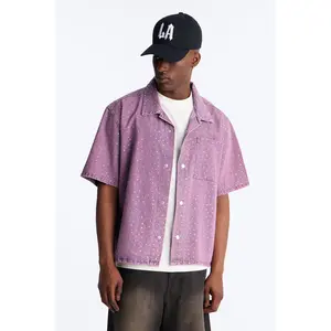 Cropped Embellished Denim Button Up Shirt - Purple