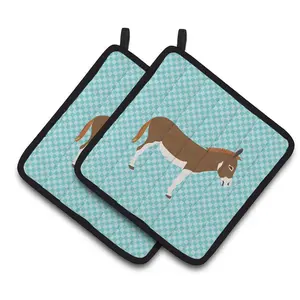 212 MAIN Hanging Kitchen Pot Holders - Polyester Fabric, Colorful Miniature Donkey Design, Blue Check Design, Heat-Resistant Kitchenware Pair Pack