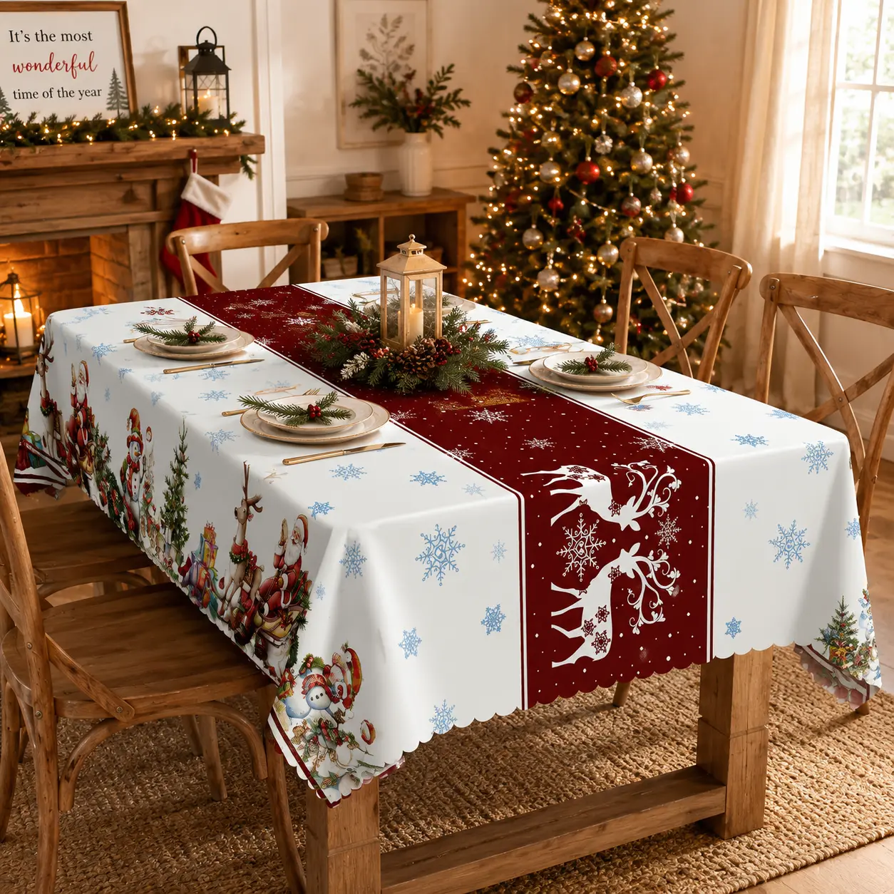 Red Christmas Tablecloth with Snowman and Christmas Tree Print, Waterproof Oil-Resistant Washable Rectangle Table Cover for Dining Room, Kitchen, Holiday Party and Xmas Home Decor, Multiple Sizes