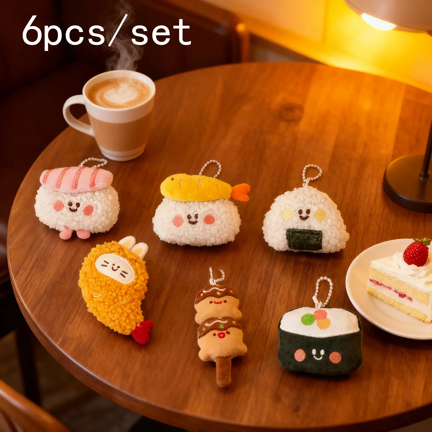 6pcs Kawaii Japanese Food Plush Keychains Set - 6-Style Soft Fabric Plush Pendants, Cartoon Onigiri Tempura Sushi Bag Charms, Birthday Gift Ideas for Girls, Girlfriend Birthday Gift