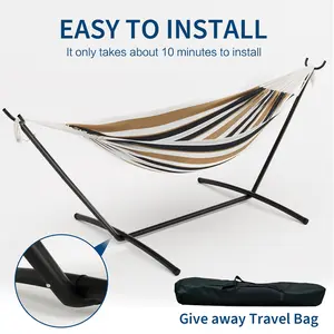 2 Person Double Hammock with Stand, Outdoor Heavy Duty Hammock Bed 475 LBS Load, Portable Freestanding Hammock with Pillow & Carry Bag, Quick Assembly, Dark Gray