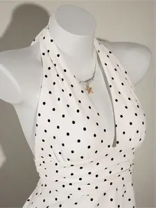 Fashion Trendy Halter Deep V Ruched Backless Polka Dot Tank Top, Stylish Sleeveless Summer Wear, Women's Casual Clothing, Backless Halter Neck