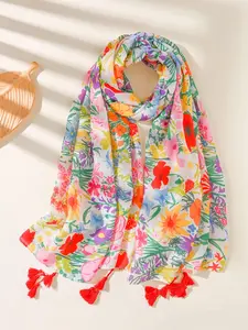 Fashion Floral Print Scarf, Soft Breathable Shawl for Women, Casual Versatile Scarf for All Seasons, Fashion Accessories for Daily Wear, Tassel Decor Scarf