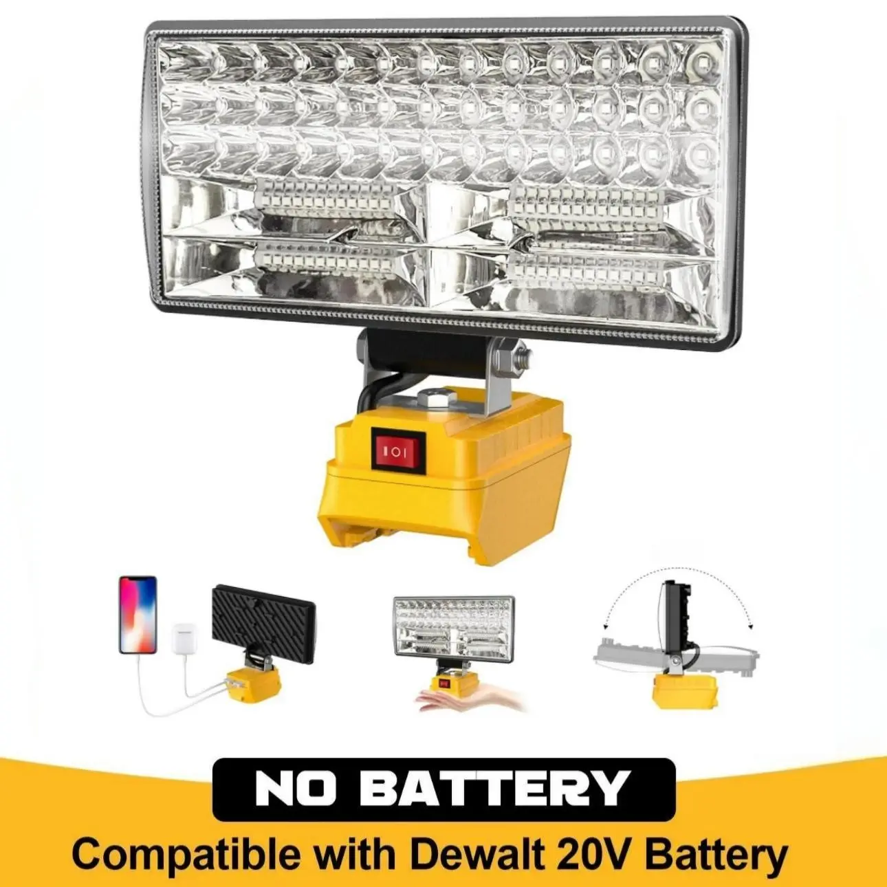 Cordless LED Work Light for Dewalt 20V Battery, 90W 5400lm LED Wide-Beam Flood Light with USB Charging Ports, Portable Working Lights for Camping, Emergency, Workshop and Garage Lighting, Multifunctional Lighting (Battery Not Included)
