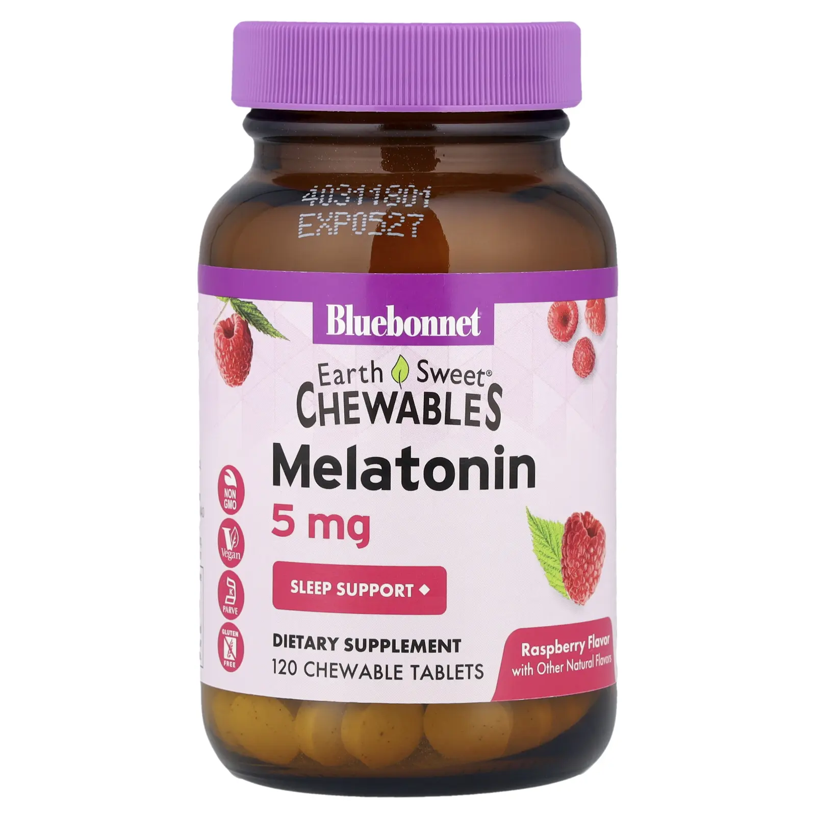 Bluebonnet Nutrition EarthSweet® Chewables, Melatonin, Raspberry, 5 mg, 120 Chewable Tablets