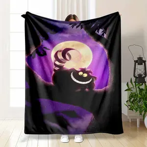 Mystic Moon Cat Flannel Blanket, Purple Night Forest Print, Soft Cozy Warm Lightweight Durable Breathable Wrinkle-Resistant, Ideal for Daily Office Life, Business Trips, Bedroom Decor & Gift