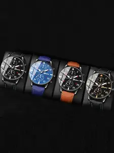 4-piece/set of versatile and personalized Geneva men's watch set in plain colors, Quartz Analog Watches